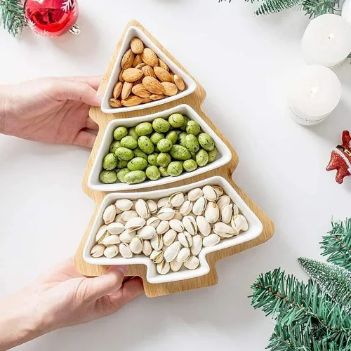 Bandeja de bambú para árbol de Navidad, juego de platos de cerámica con diseño temático de Navidad, cuencos para servir para fiestas, perfectos para