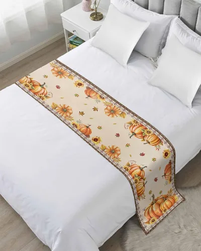 Camino de cama de otoño con hojas de arce y calabaza para Acción de Gracias, para dormitorio, hotel, bufanda decorativa de girasol, estilo bohemio,