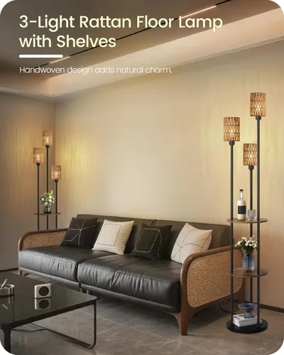 Vista 2 de Lámpara de pie con estantes, lámpara de pie bohemia con interruptor de pie, lámpara de pie de 3 luces, para sala de estar, dormitorio, estudio