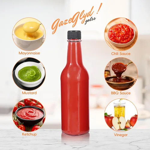 Vista 5 de Paquete de 12 botellas de vidrio para salsa picante de 8.5 onzas con tapas herméticas, botellas de vidrio vacías transparentes de 8.5 fl oz