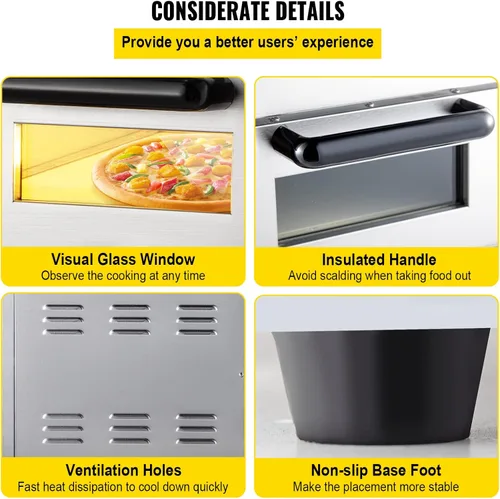 Vista 6 de VEVOR Horno de pizza comercial, 14 pulgadas, doble capa de cubierta, horno eléctrico de pizza de acero inoxidable de 110 V 1950 W con piedra
