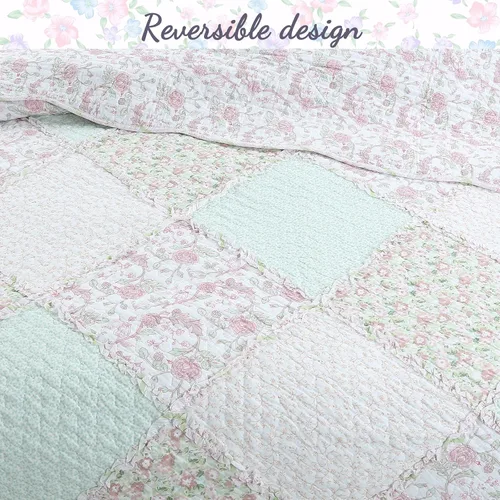 Vista 4 de Juego de ropa de cama reversible de algodón reversible de 2 piezas con diseño floral pastel de jardín de rosas suaves, color rosa durazno y verde