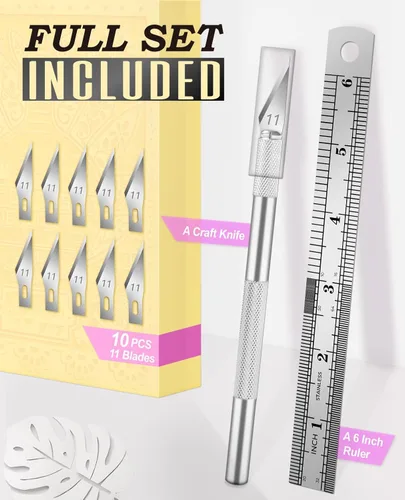 Vista 2 de 1 pieza cuchillo de manualidades cuchillo de hobby con kit de 11 piezas cuchillas de acero inoxidable, 1 pieza regla de acero de 15MM para arte