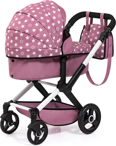 Vista 2 de Bayer Xeo - Cochecito y cochecito de muñeca, 18 pulgadas, plegable convertible con bolsa de hombro, estrellas rosadas