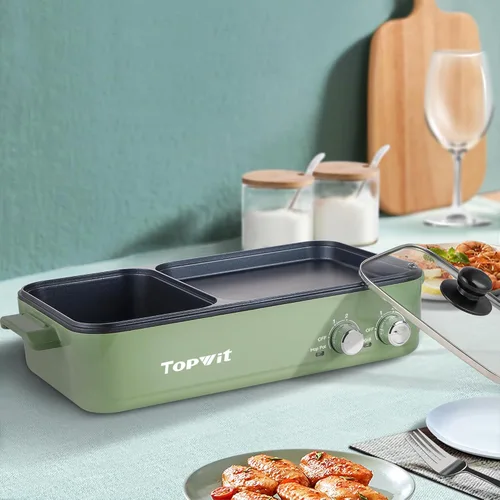 Vista 6 de Topwit Olla eléctrica con parrilla, olla eléctrica antiadherente 2 en 1 para interiores y parrilla para barbacoa coreana, filetes, Shabu Shabu