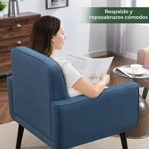 Vista 7 de Silla decorativa moderna de mediados de siglo, sillón de lectura de tela, azul