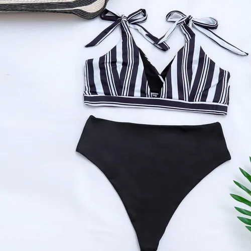 Vista 6 de Traje de baño Sexy de 2 piezas para mujer Traje con estampado a rayas, piezas Entrenamiento Natación Ropa Playa
