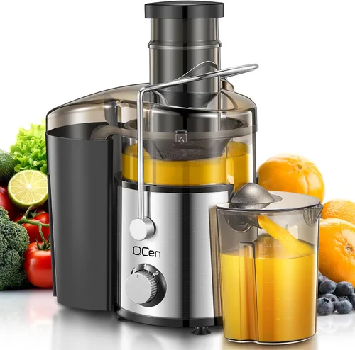 Vista 9 de QCen Máquina exprimidora, extractor centrífugo de 500 W con canal de alimentación de boca ancha de 3 pulgadas para frutas y verduras, fácil