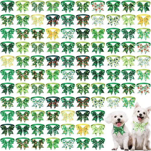 Yunsailing 100 corbatines para perros del Día de San Patricio a granel con collar ajustable, corbatín para gato, collar de cuello para mascotas