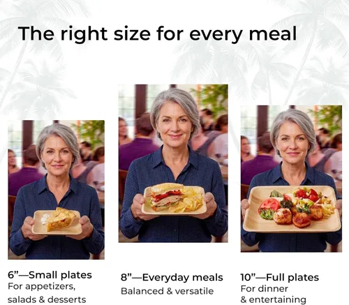 Vista 6 de Indie Palm Platos cuadrados desechables de hoja de palma de 6 pulgadas, alternativa compostable resistente, biodegradable a platos de bambú o platos