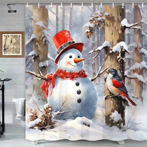 Cortina de ducha de Feliz Navidad, muñeco de nieve, pájaros rojos, campo de nieve, bosque de pinos, vacaciones, decoración del hogar, cortinas de Hjokiupt