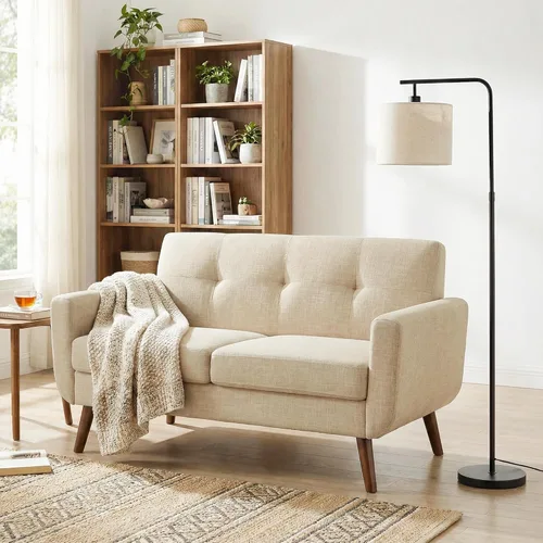 Vista 40 de Tbfit Sofá moderno de mediados de siglo, beige, sofá biplaza y silla decorativa linen fabric, button tufted, solid wood foot, pocket spring, wood