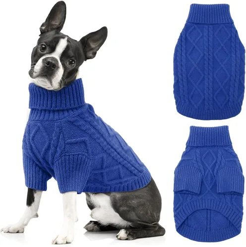 Vista 7 de Emust Suéter para perro pequeño, trajes de cable para perros pequeños, suéteres cálidos de otoño e invierno para perros pequeños y medianos, azul
