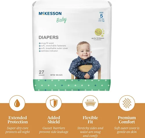 Vista 5 de McKesson Pañales para bebé, talla 5 (más de 27 libras), 27 unidades, 1 paquete