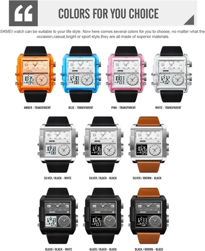 Vista 7 de Unique Digital Wathes for Men, Cool Led Analog Quartz Wristwatch, 3-Time Zone Large Face Stopwatch, Square Chronograph Watch(30M Waterproof, 1224H