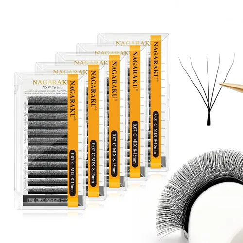 Vista 388 de NAGARAKU Extensión de pestañas en forma de W 3D con volumen en racimo, abanico prefabricado, pestañas postizas de visón sintético mate negro