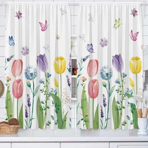 Vista 5 de 2 paneles de cortina de cocina de tulipán de mariposa con bolsillo para barra, cortinas florales de primavera para decoración del hogar, sala
