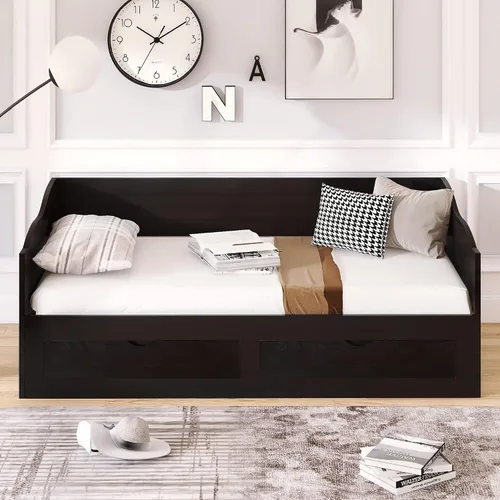 Vista 3 de JIVOIT Sofá cama extensible con cama nido y dos cajones de almacenamiento, marco de sofá cama de madera con soportes de listones de madera, diseño