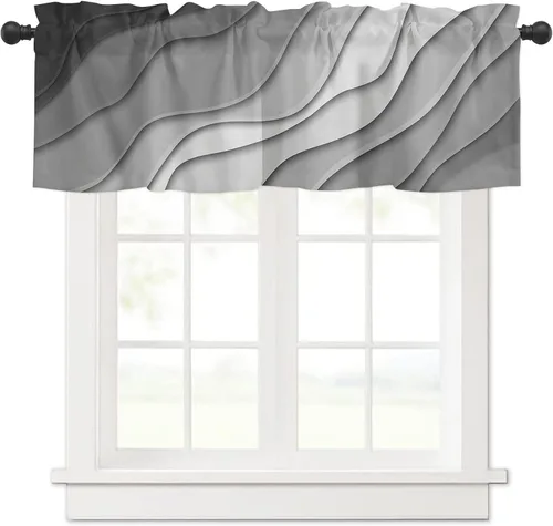 Vista 15 de Cortinas de cenefa con amarre degradado negro gris para ventanas, cortinas modernas geométricas grises para cocina, tratamientos para ventanas