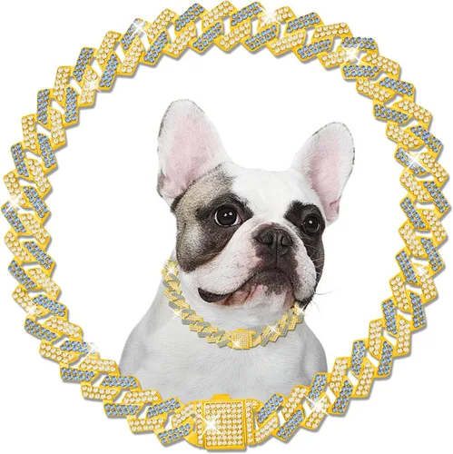 Vista 8 de Cadena de metal con diamantes para perros con hebilla segura, collares para mascotas para perros grandes y medianos