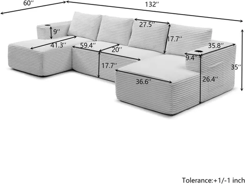 Vista 2 de Sofá cama modular de 132 pulgadas, sofá de nube sin hueso para sala de estar, sofá de 5 asientos en forma de U con 2 portavasos, combinación libre