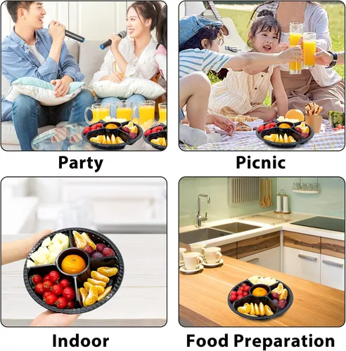 Vista 4 de 12 bandejas desechables para frutas, bandeja redonda de plástico para servir aperitivos con tapa, 5 compartimentos, platos de fiesta, recipientes