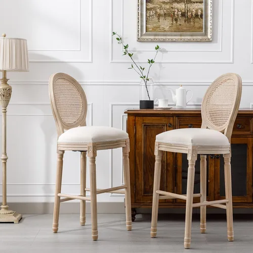Vista 12 de French Style Solid Wood Frame Linen Fabric Rattan Back Dining Chairs, Table & Chair Sets, Set of 2 for Dining Room, Kitchen, Living Room, Bedroom