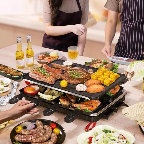 Vista 2 de Parrilla de Mesa Raclette, Parrilla Interior para Barbacoa Coreana Eléctrica Plancha Eléctrica 2 en 1 Antiadherente con 8 Bandejas para Queso