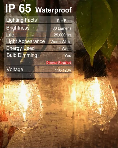 Vista 4 de Guirnalda de luces para exteriores, tira de luces de patio de 50 pies con 27 bombillas LED S14 vintage impermeables e inastillables, cadena de luces