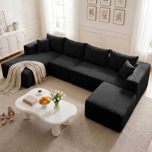 Vista 49 de Sofá modular en forma de L de 118 pulgadas, moderno sofá modular de pana de espuma viscoelástica de 4 plazas con otomana, asiento profundo tapizado