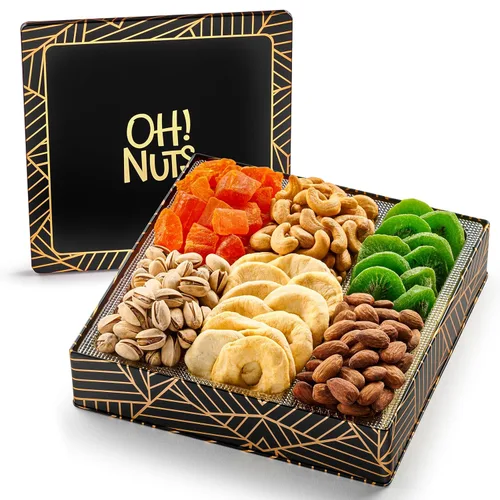 Vista 13 de Oh! Nuts Cesta de regalo de frutas secas y nueces en forma de corazón – 6 variedades dulces y saladas surtido de lata – pistachos, anacardos