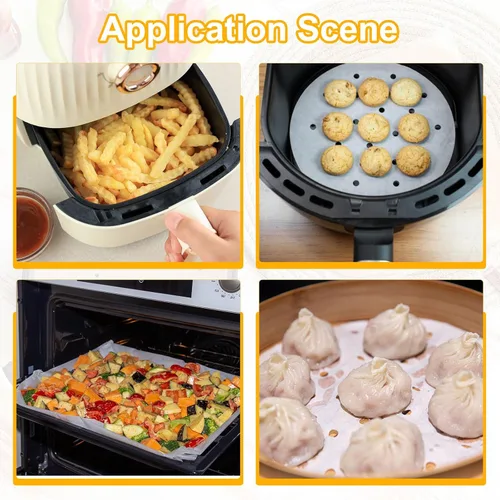 Vista 6 de HARFINGTON 200 forros para freidora de aire de 6 pulgadas, cuadrados de bambú con agujeros, hojas de papel pergamino perforadas antiadherentes