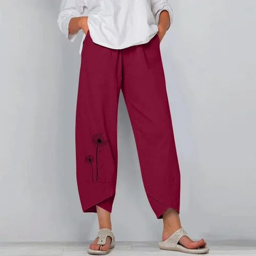 Vista 5 de Pantalones de lino para mujer, largos de algodón y cintura retráctil irregular, pantalones casuales con estampado de diente de león