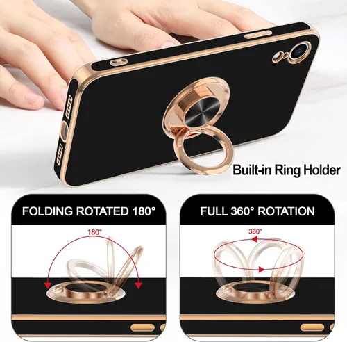 Vista 4 de Hython Funda para iPhone XR con soporte de anillo [soporte de anillo giratorio de 360° con soporte magnético] chapado en oro rosa brillante borde