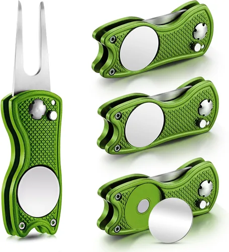 Vista 12 de Skylety 4 piezas herramienta de reparación de divot de golf plegable de metal con botón emergente magnético, marcador de bolas de acero inoxidable