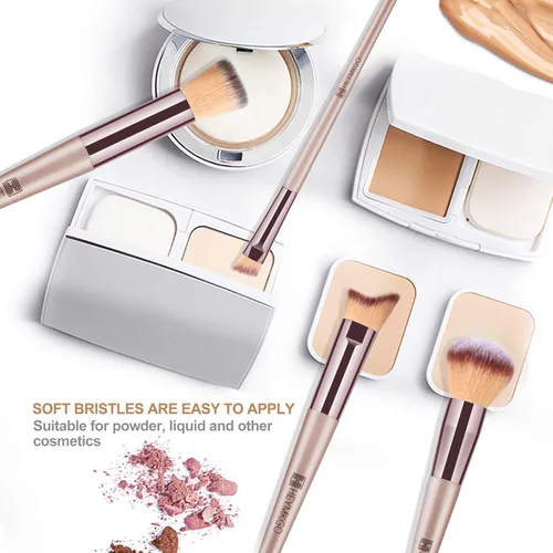Vista 6 de HEYMKGO Brochas de maquillaje, 15 unidades, color dorado champán, juego de brochas de maquillaje profesional, brocha para base, difuminar, rubor