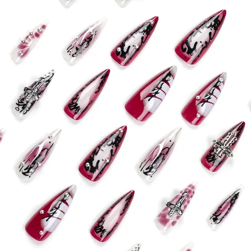 Vista 4 de MISUD Uñas a presión largas tipo Stiletto con pegamento de Rojo Gótico y Negro, diseño gótico cruzado acrílico, 24 piezas