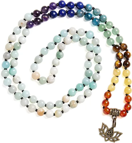 Bivei 7 Chakra 108 Mala Beads Bracelet Real Healing Gemstone Yoga Meditation Hand Knotted Mala Prayer Bead Necklace