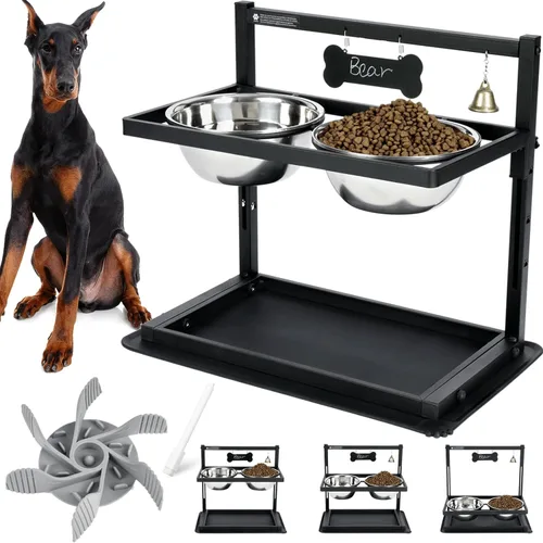 Vista 9 de Cuencos elevados con comedero lento para perros grandes y medianos, soporte elevado, ajustable y antideslizante con 2 cuencos de acero inoxidable