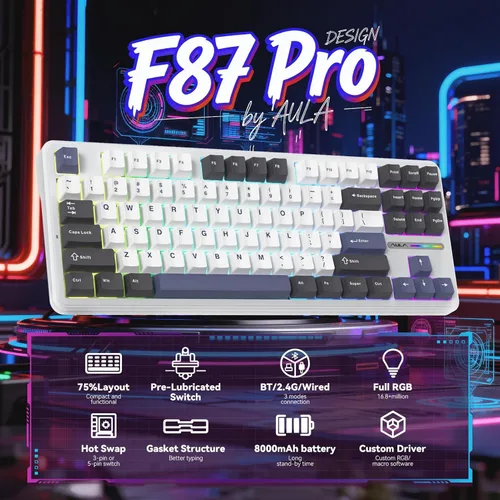 Vista 2 de Aula F87 Pro Wireless Mechanical Keyboard, Tri-Mode Bluetooth2.4GUSB-C Hot-Swappable RGB Gaming Keyboard, Gasket Mount, 4000mAh, for WindowsMac