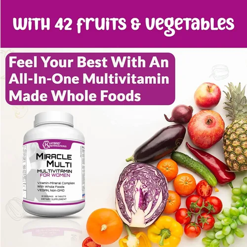 Vista 2 de Hybrid Nutraceuticals MiracleMulti Multivitamínico para mujer con probióticos, biotina, ácido fólico, enzimas + mezcla de frutas y verduras, apoyo