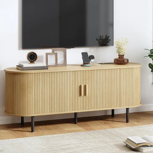 Vista 14 de Soporte de TV de 55 pulgadas con toma de corriente, consola multimedia moderna con puertas correderas, centro de entretenimiento para televisores