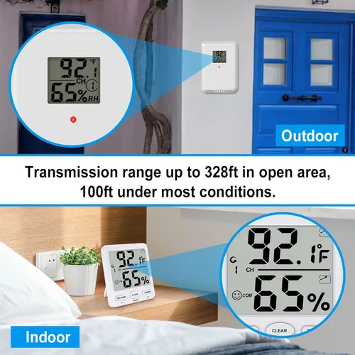 Vista 6 de Urageuxy Termómetro para interiores y exteriores, higrómetro digital inalámbrico, medidor de temperatura y humedad, con sensor remoto, pantalla