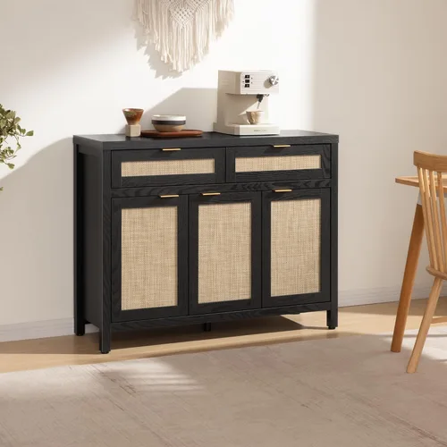 Vista 3 de SICOTAS - Aparador de bufé de ratán con almacenamiento, gabinete de acento estilo credenza bohemio con 3 puertas y 2 cajones, consola de café