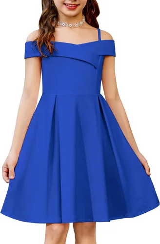Vista 8 de Arshiner Vestido de verano para niñas con hombros descubiertos, plisado, formal, elegante Azul