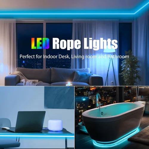Vista 8 de Cuerda de luz de neón RGB de 32.8 pies con control remoto, tira de luces LED regulables e impermeables para interiores y exteriores, iluminación