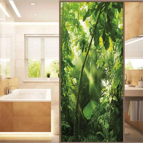 Vista 2 de Película decorativa para ventana, sin pegamento, película de privacidad esmerilada, película para puerta de vidrieras, lluvia y sol en bosque