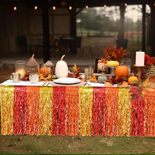 Vista 4 de Mega-L - Decoraciones de fiesta de otoño, paquete de 2 faldas de mesa con flecos metálicos ondulados de oropel para mesa rectangular y redonda