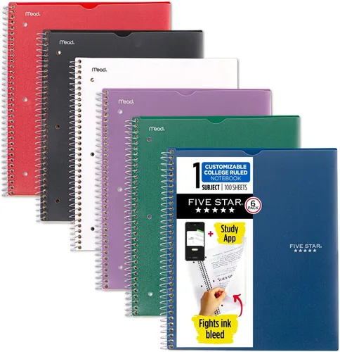 Five Star Cuaderno de espiral + aplicación de estudio, paquete de 6, 1 materia, rayado universitario, 8-1/2 x 11 pulgadas, 100 hojas, combate el