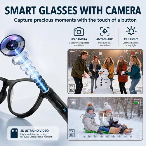 Vista 2 de Gafas inteligentes AI con cámara, video 2K, traducción Negro